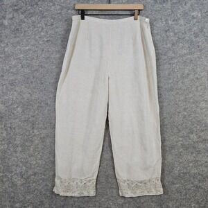 Jillian Jones Linen Blend‎ Pants Size 16 Beige Embroidered Cropped Wide Leg